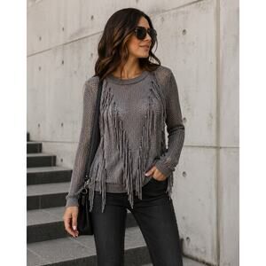 NY Co Fringe Knit Sweater Large Boho Western Tassel Sheer Grunge Top Gray Grey